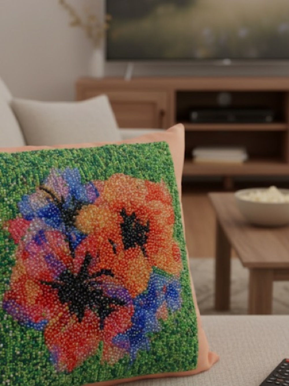 Green Floral Beaded Accent Pillow with Multicolor Blooms